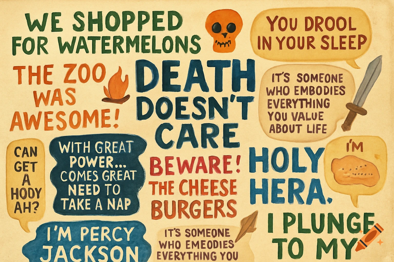 A colorful collage of humorous quotes and small illustrations, including a skull, flame, and sword, on a textured background.