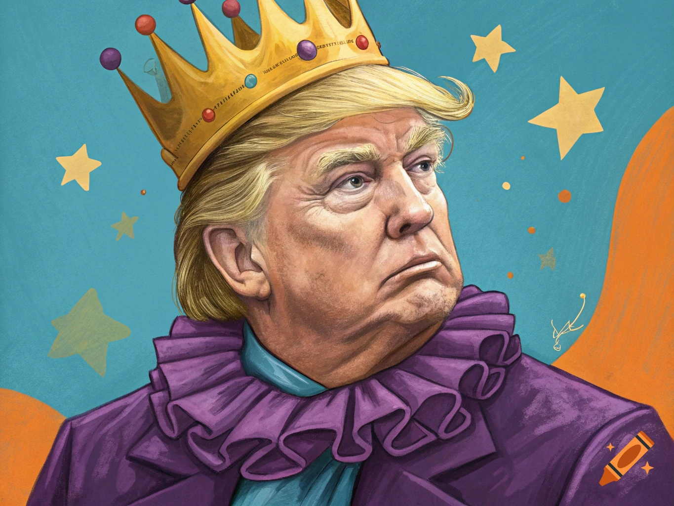 A stylized caricature portrait of Donald Trump wearing a gold crown and a purple ruffled collar, with a stern expression, against a blue and orange background.