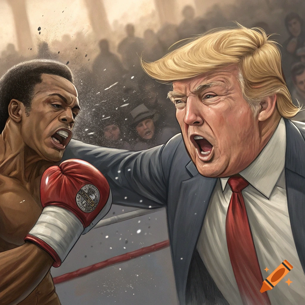 An angry Donald Trump in a suit is being punched by a boxer in a ring. It's a stylized illustration.