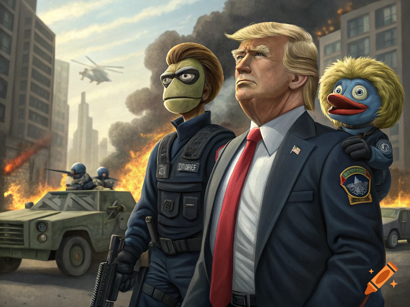 Donald Trump as a puppet in a suit with a red tie, accompanied by two other armed puppets (one resembling Pepe the Frog, one a blue duck), stands in a war-torn city street with burning buildings, military vehicles, and smoke in the background.