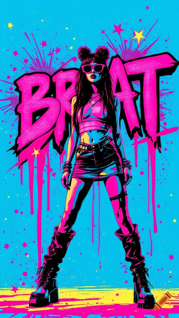 A stylized woman in Y2K fashion with neon pink and electric blue graffiti text 'BRAT' in the background. The style is bold and edgy.
