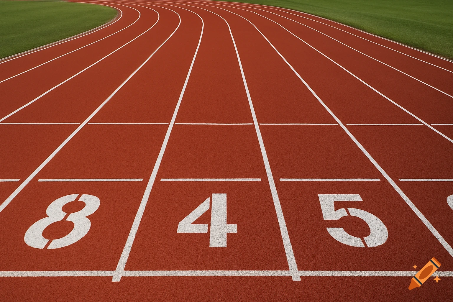 A low-angle, close-up view of a red running track with white lane lines and numbers 8, 4, and 5 at the starting line, curving towards green grass.
