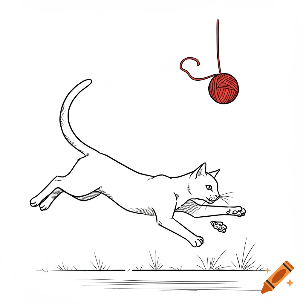A minimalist line drawing shows a cat jumping to swat at a red ball of yarn dangling from above. Grass lines the bottom.