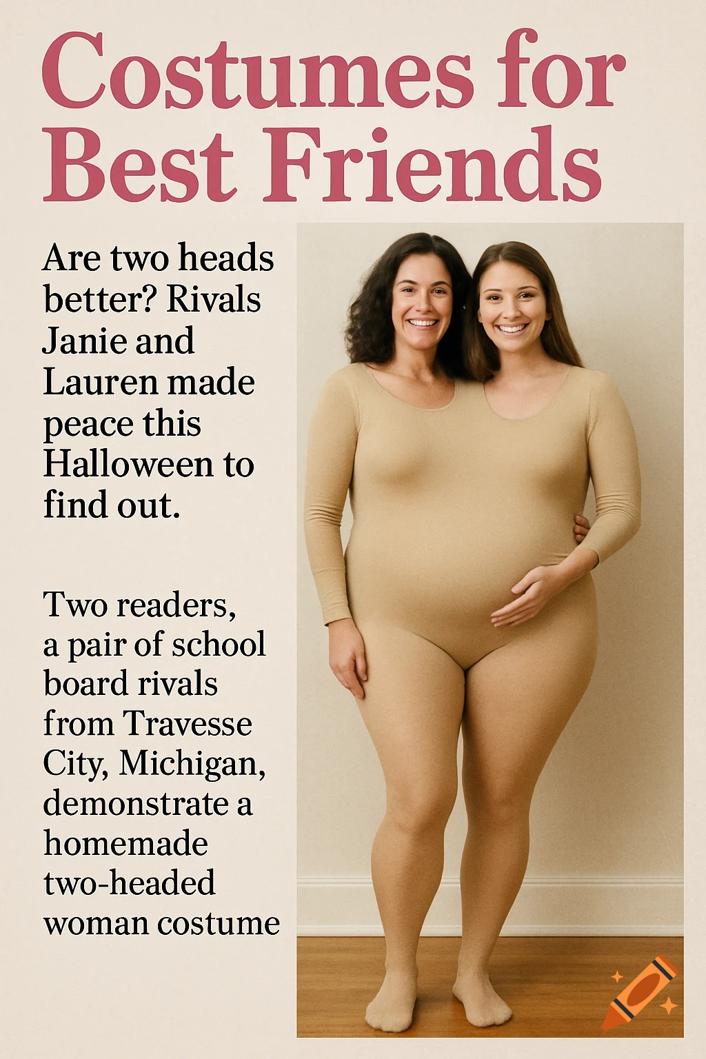 A magazine article spread shows two women in a single beige bodysuit, creating the illusion of a two-headed woman, for a Halloween costume.