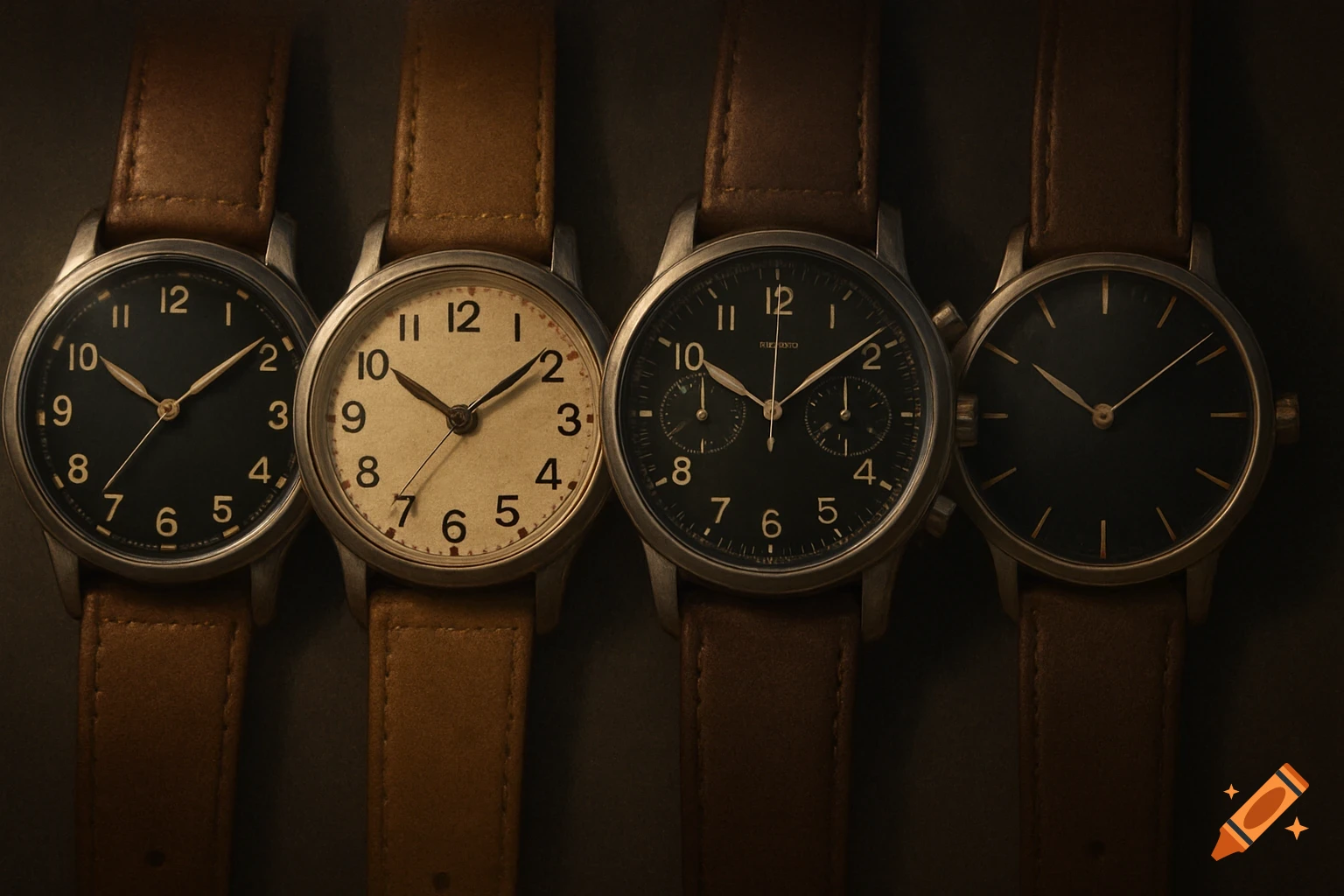 Four wristwatches with brown leather straps are lined up horizontally, showing black and cream colored dials with hands set to approximately 9:35.
