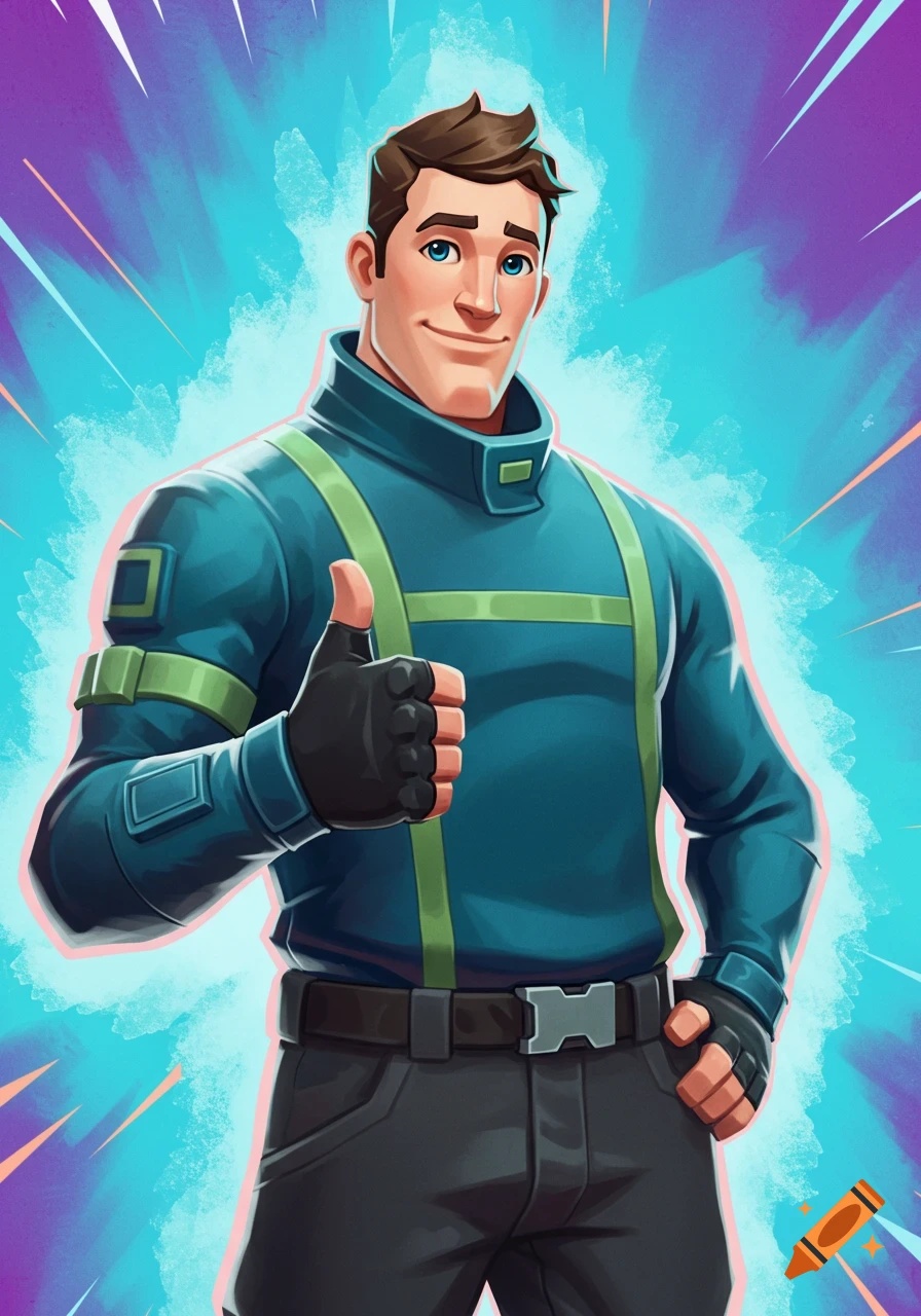 Cartoon video game character in a blue and green outfit, with black gloves, giving a thumbs up against a vibrant, stylized background.