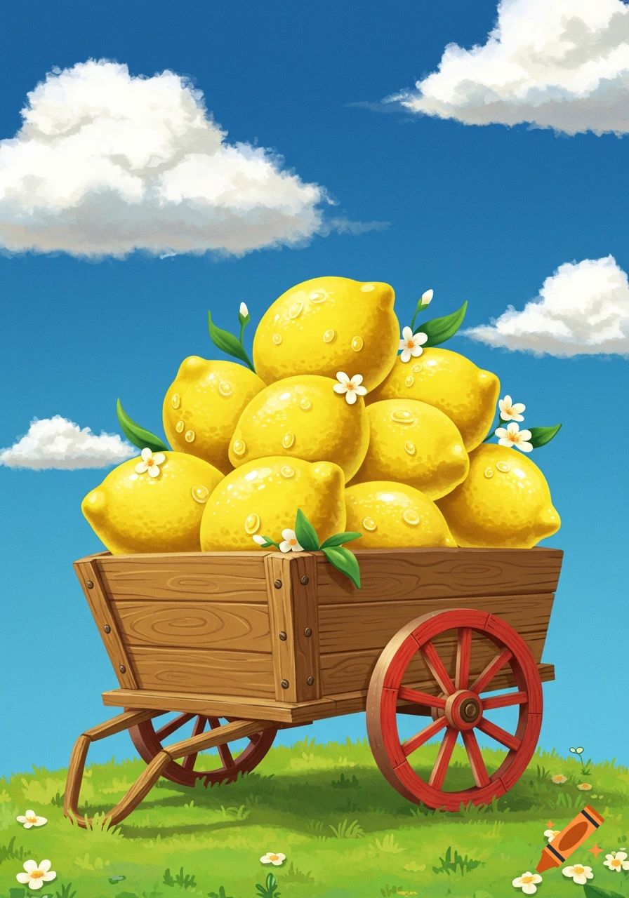 An illustration of a wooden cart overflowing with bright yellow lemons, green leaves, and white blossoms on a grassy field under a blue sky with white clouds.