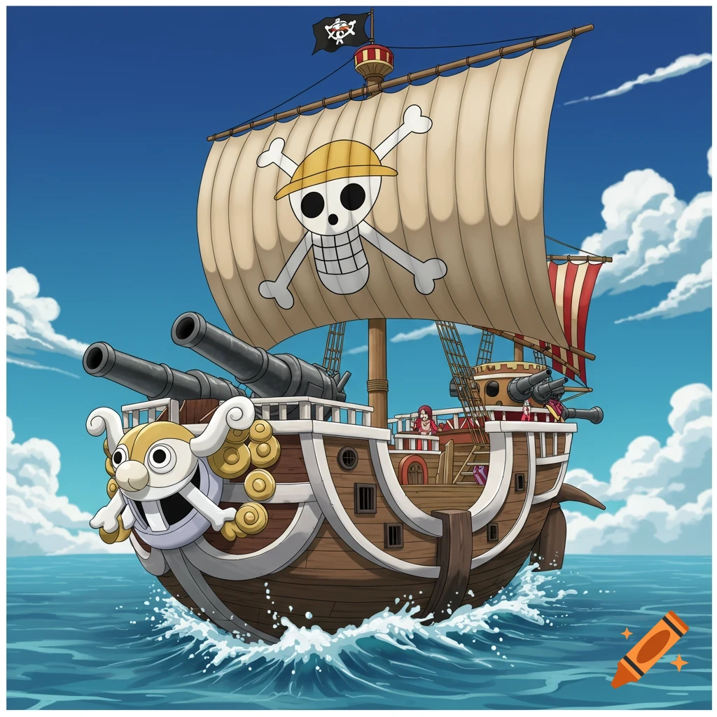 Cartoon depiction of the Going Merry pirate ship sailing on blue ocean waves under a clear sky.