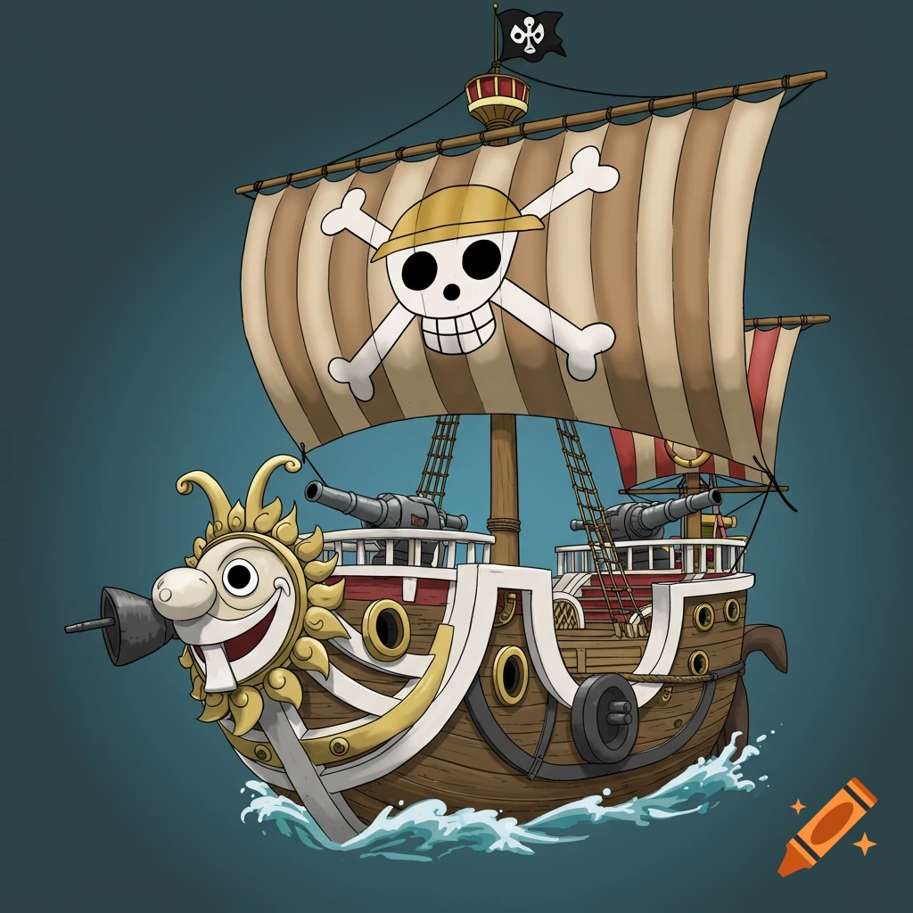 A colorful cartoon drawing of a pirate ship with a large striped sail and a sun figurehead.