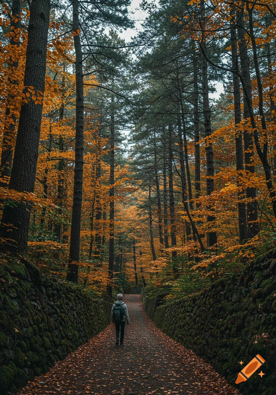 A person walks down a path through a vibrant autumn forest with orange and green trees and mossy stone walls.