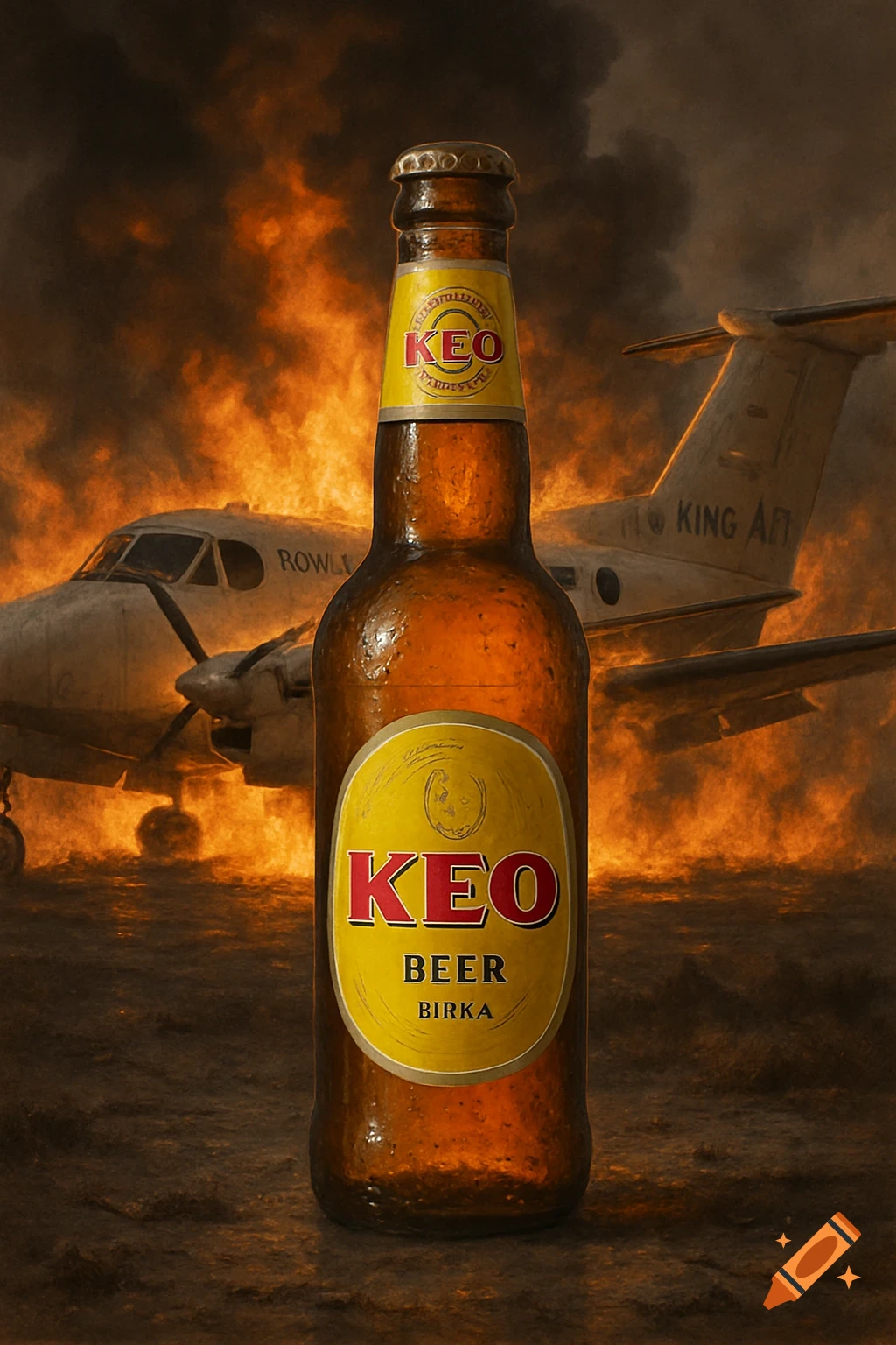 A KEO beer bottle stands prominently in the foreground, with a twin-engine aircraft engulfed in flames in the background.