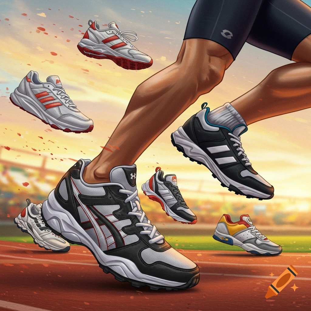 A stylized image of a runner's legs in motion on a track, surrounded by various sports shoes mid-air against a sunset sky.