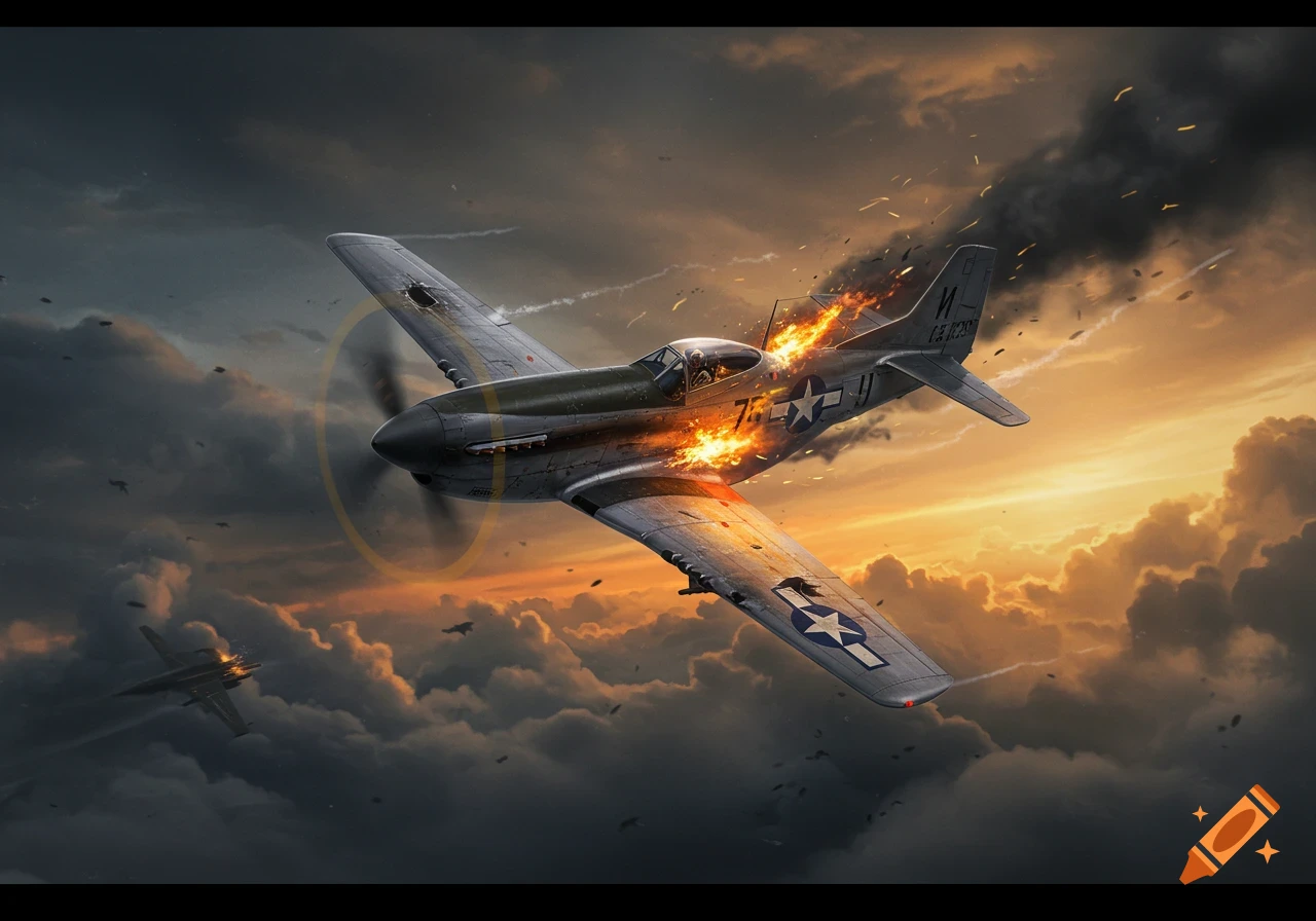 A P-51 Mustang warplane on fire against a dramatic sunset sky, with other planes in the distance.