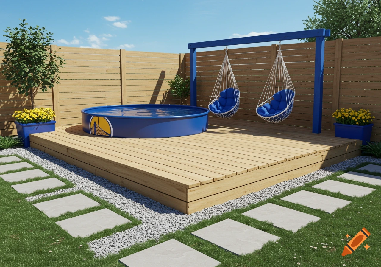 A professionally landscaped backyard featuring a blue and yellow stock tank pool on a wooden deck, with macrame chairs, and a stone paver pathway.