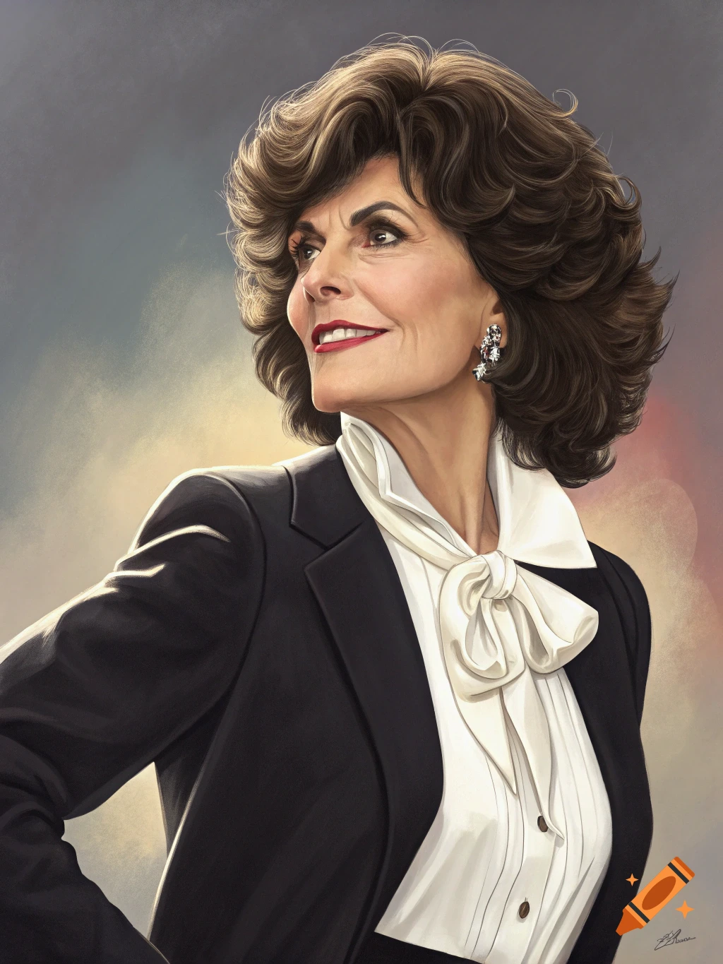 A realistic portrait of a woman with voluminous brown hair, wearing a black blazer and a white blouse with a bow.