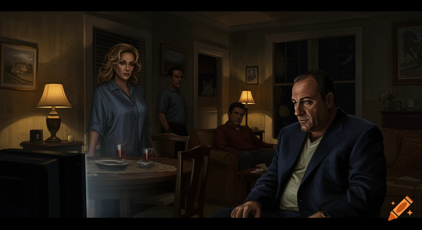 Illustration of several characters resembling the cast of The Sopranos in a dimly lit living room, with Tony Soprano in the foreground.