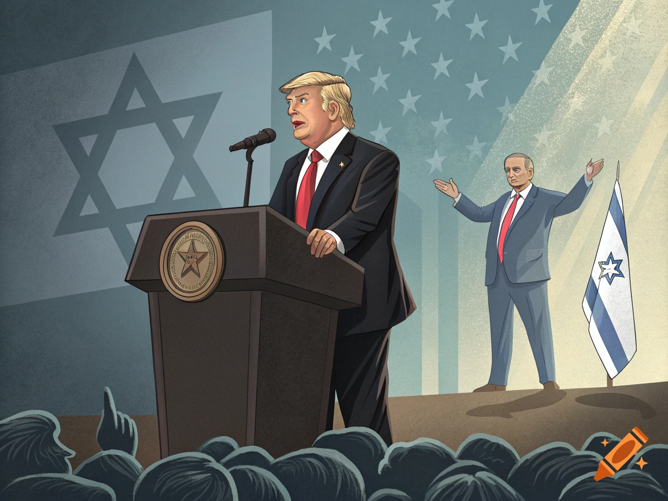 Illustrated political image of Donald Trump speaking at a podium with a Star of David behind him, and Benjamin Netanyahu standing nearby with an Israeli flag.