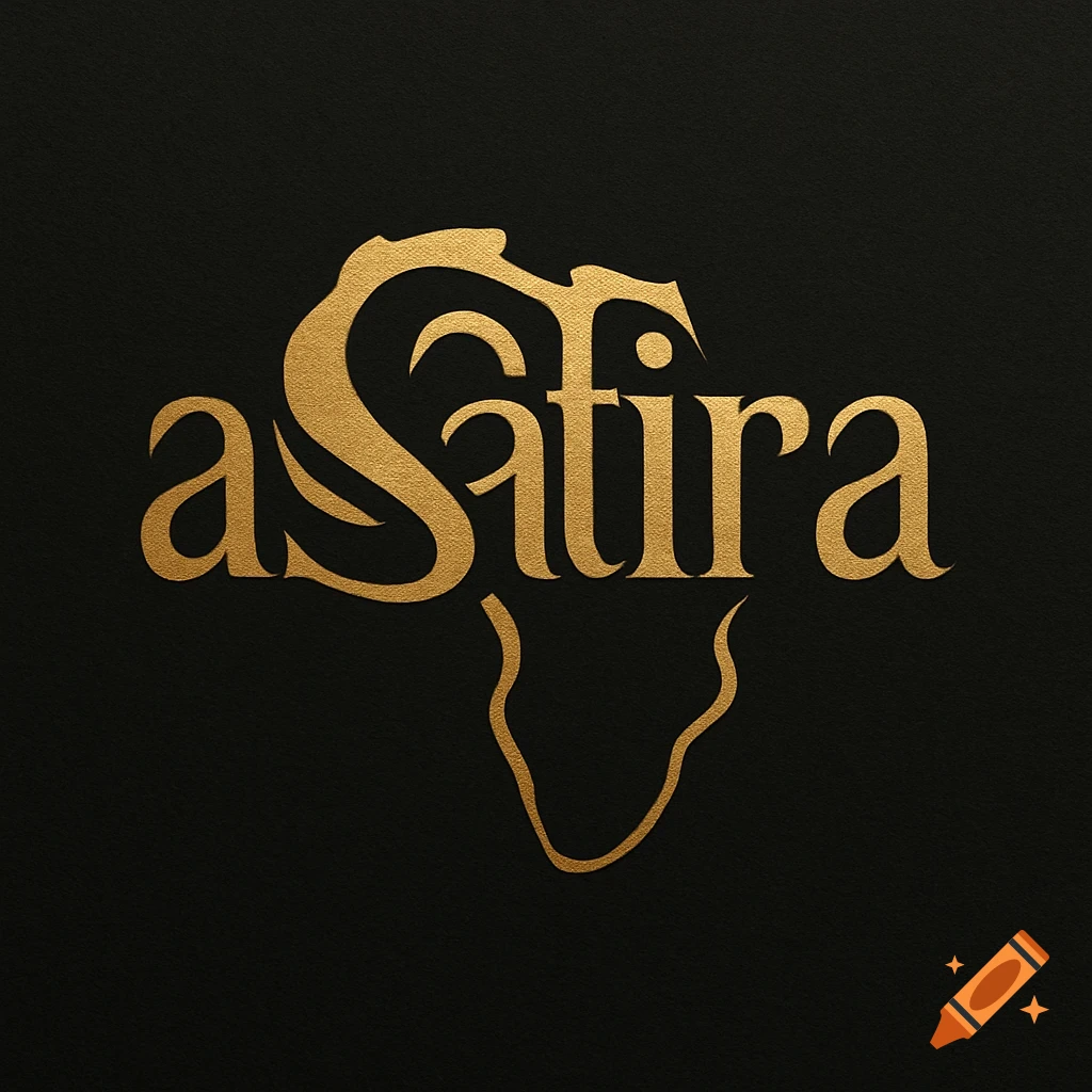 A gold typographic logo spelling 'aSatira' which also forms the outline of Africa, on a black background.
