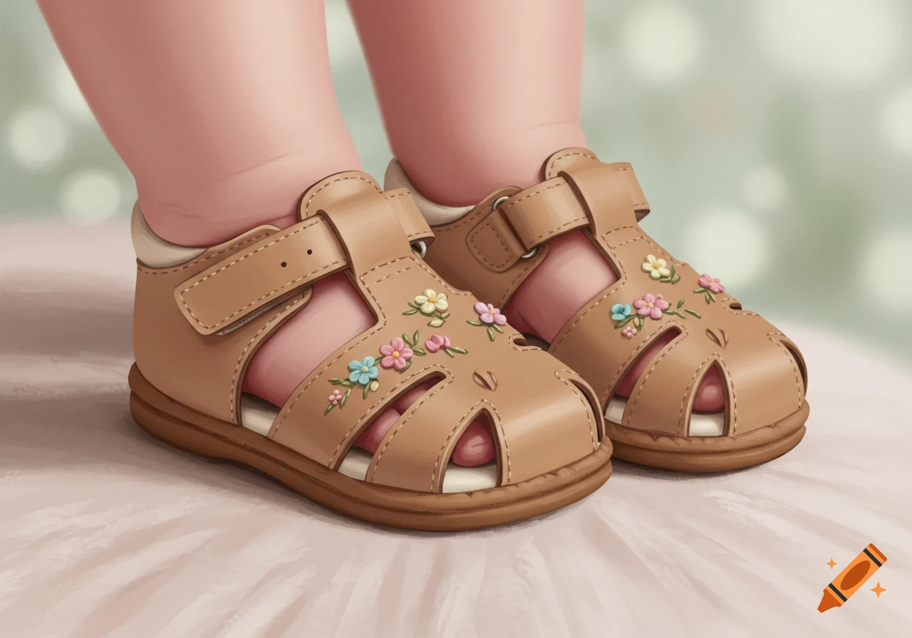 Close-up of a baby's feet wearing light brown leather sandals with colorful embroidered flowers, rendered in a soft, illustrative style.