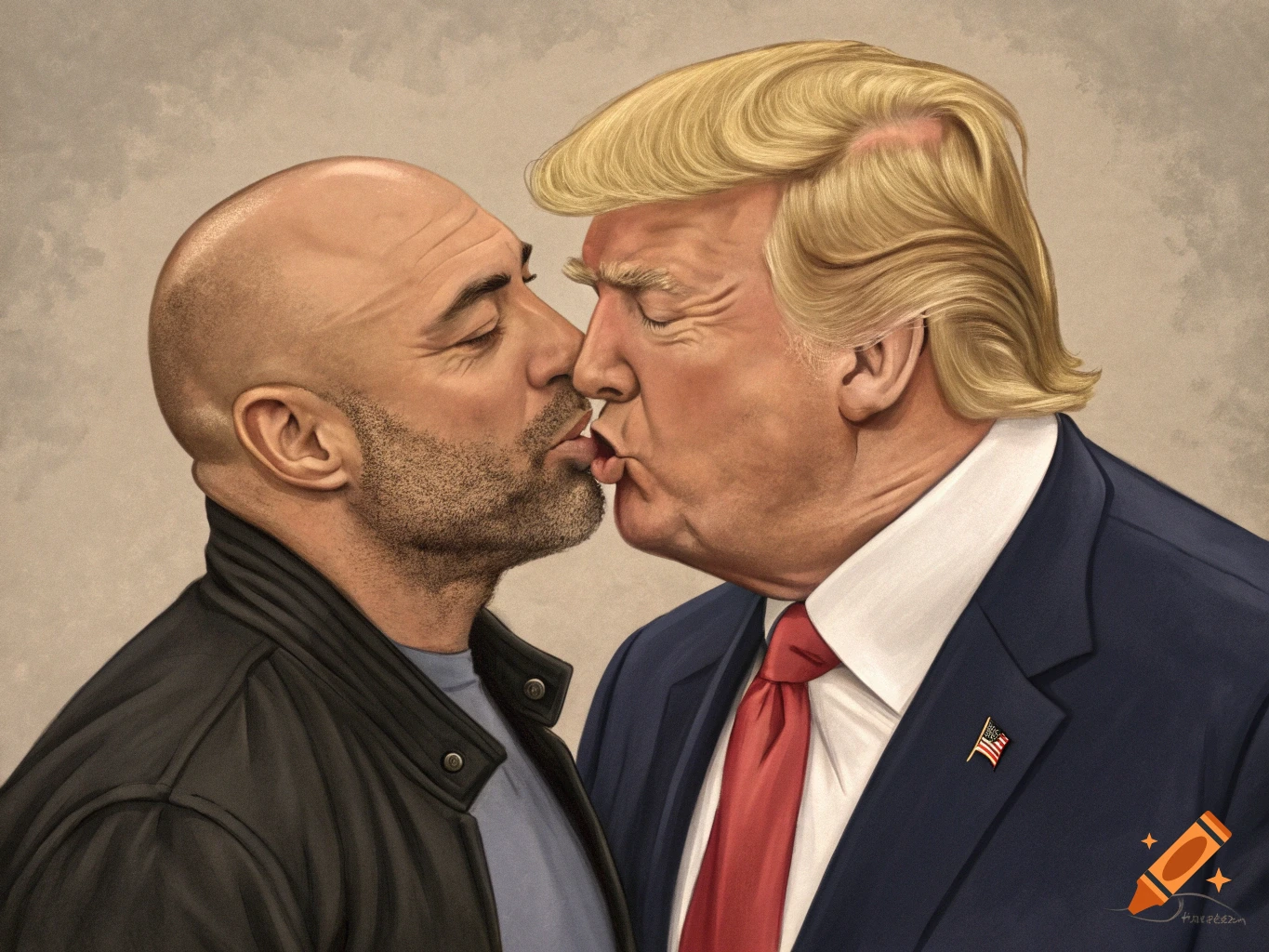 A colorful caricature depicts Joe Rogan and Donald Trump kissing with puckered lips.