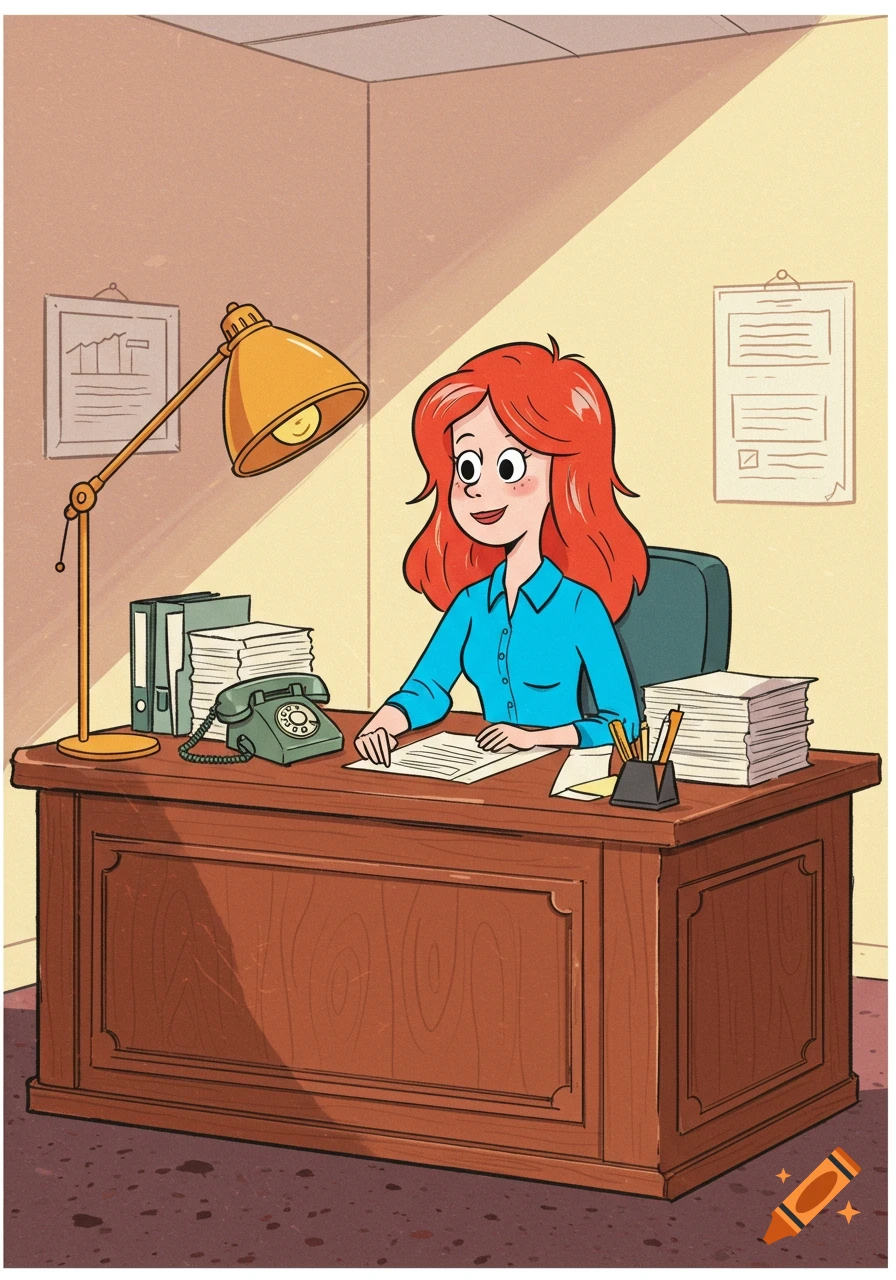 A cartoon red-haired receptionist in a blue shirt sits at a wooden desk with a phone and papers in an office.