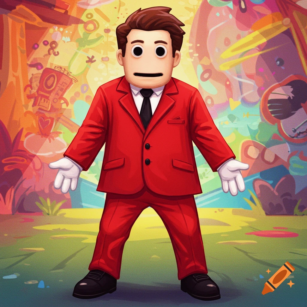 A cartoon man in a red suit and white gloves stands in a vibrant, colorful, abstract background.