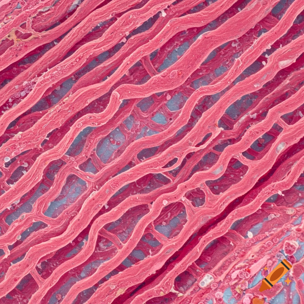 Close-up microscopic view of pink fibrous connective tissue against a blue background.