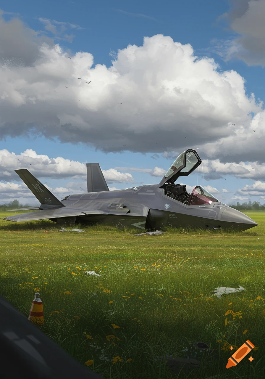 A photorealistic depiction of a crashed F-35 fighter jet in a grassy field under a partly cloudy sky.