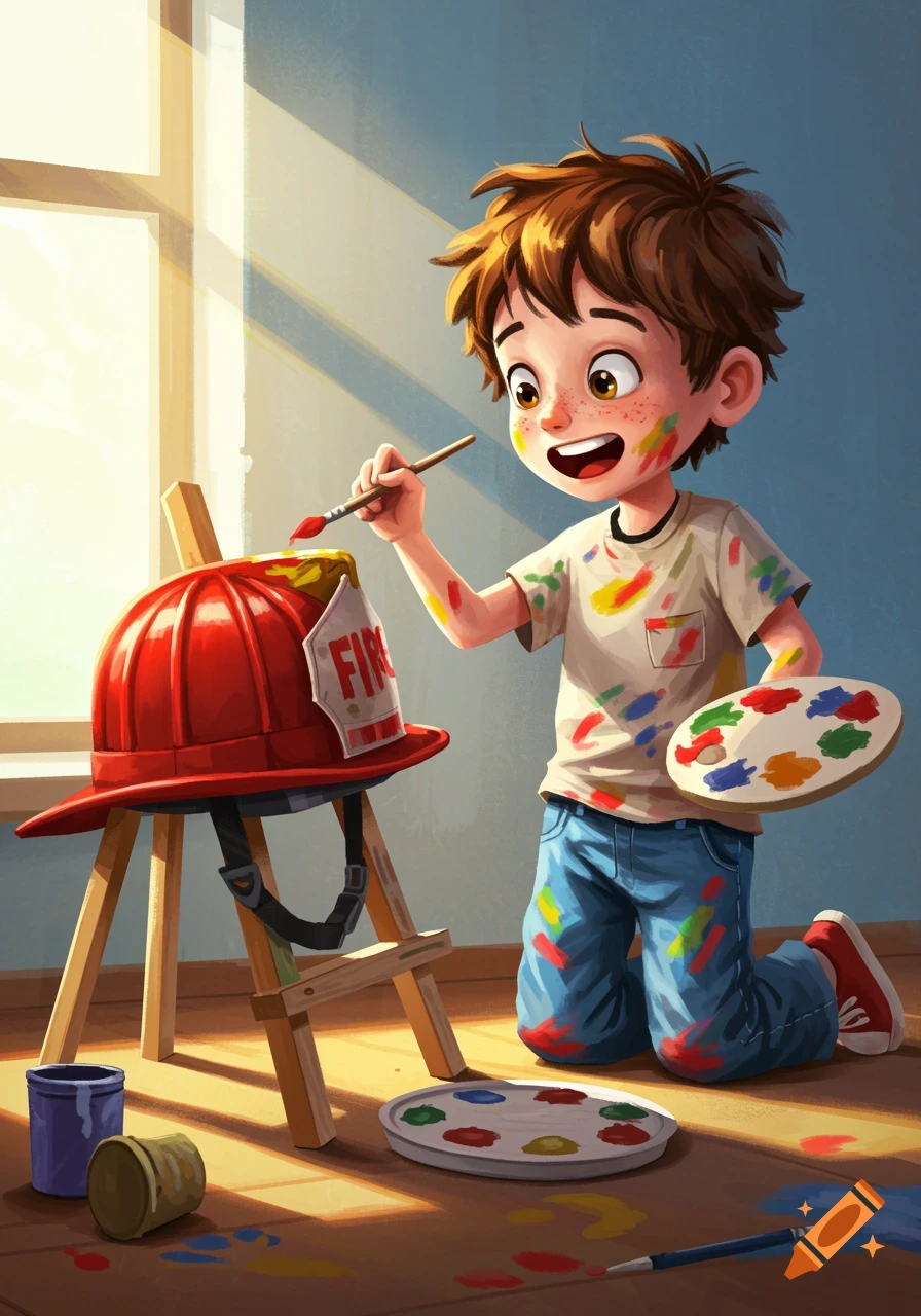 A happy cartoon boy with paint on his face and shirt kneels, painting a red firefighter helmet on an easel with a paintbrush.