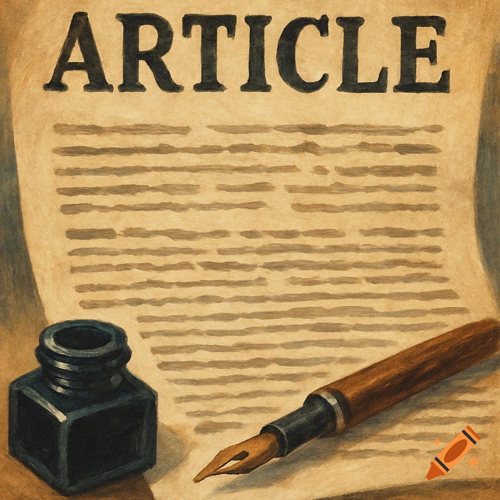 An old paper with the word 'ARTICLE' at the top, next to an inkwell and a quill pen, in a vintage painterly style.