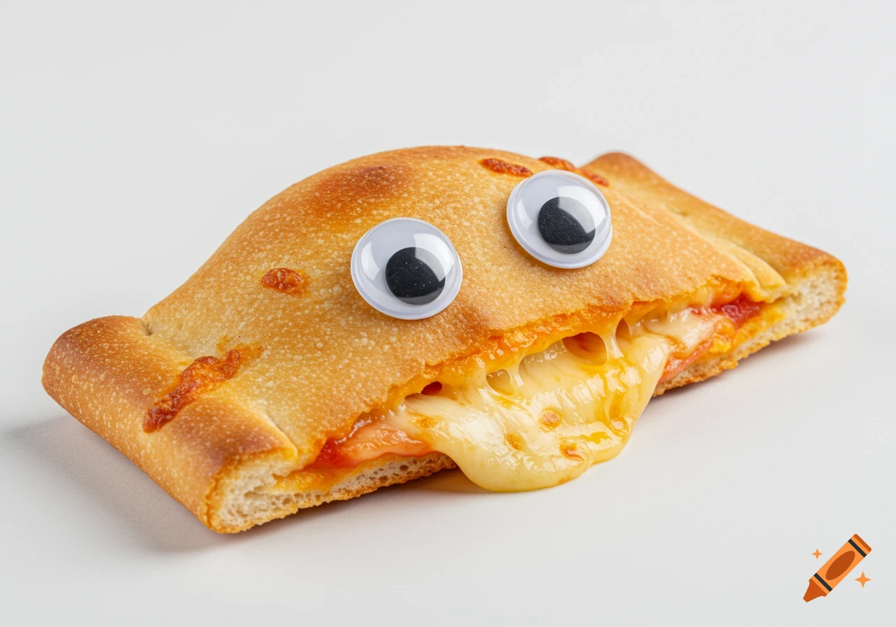 A photorealistic pizza pocket with melted cheese oozing out, adorned with two googly eyes on its crust.