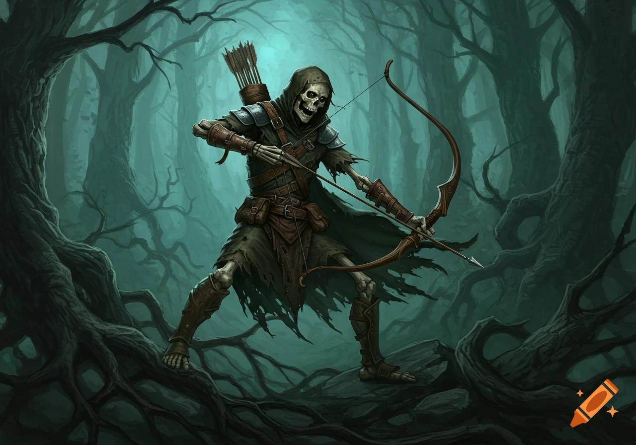 A skeletal archer in tattered clothes aims a bow and arrow in a dark, twisted fantasy forest.