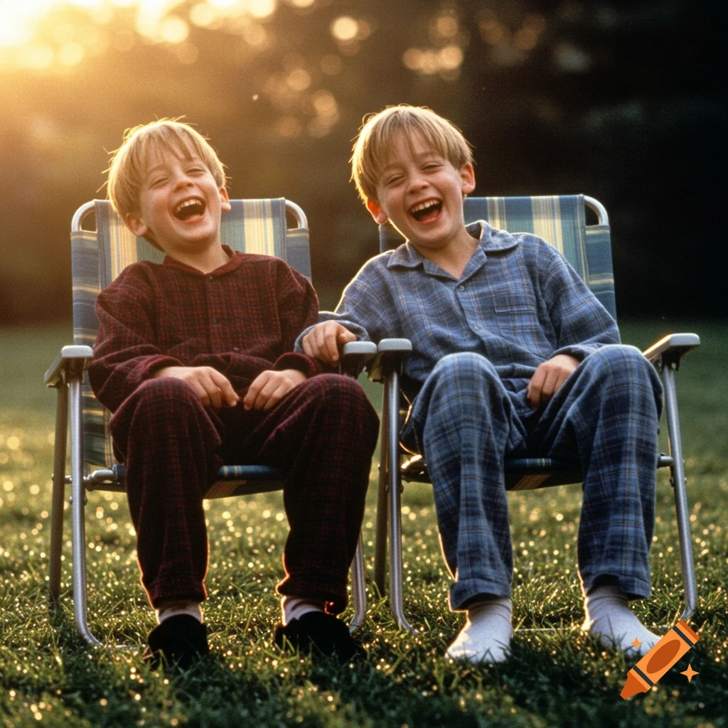 Two young boys in pajamas laughing while sitting in outdoor chairs on green grass in the morning sunlight.