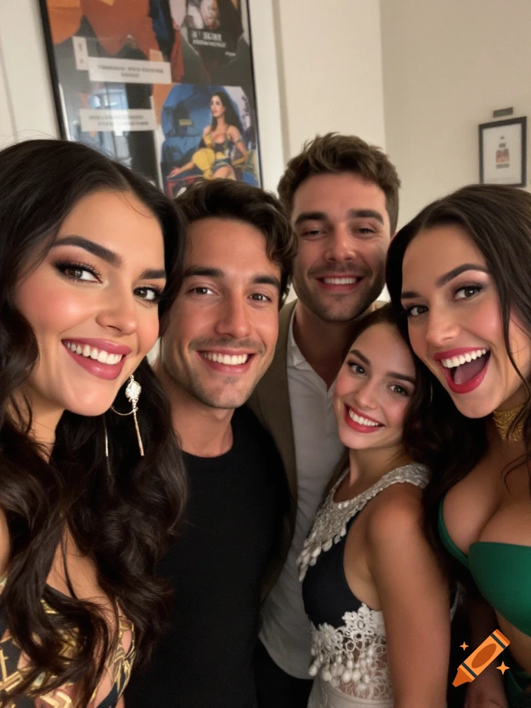 Five smiling young adults, resembling celebrities, taking a selfie together in an indoor setting.