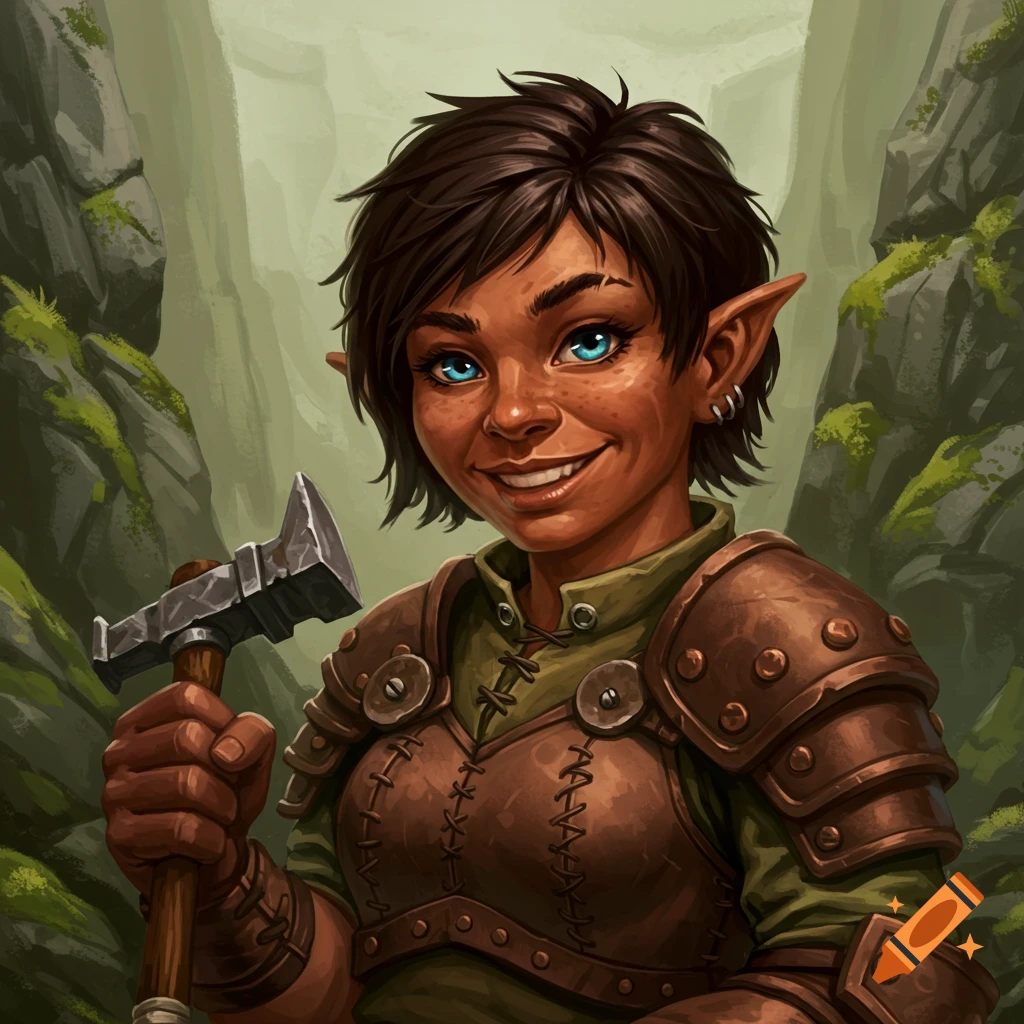 A smiling female rock gnome with short dark hair, blue eyes, and leather armor holds a hammer in a lush fantasy forest.