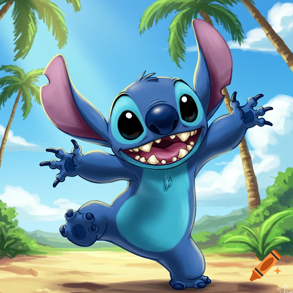A vibrant cartoon illustration of Stitch from Lilo & Stitch jumping excitedly with a wide grin, set against a sunny tropical beach with palm trees.