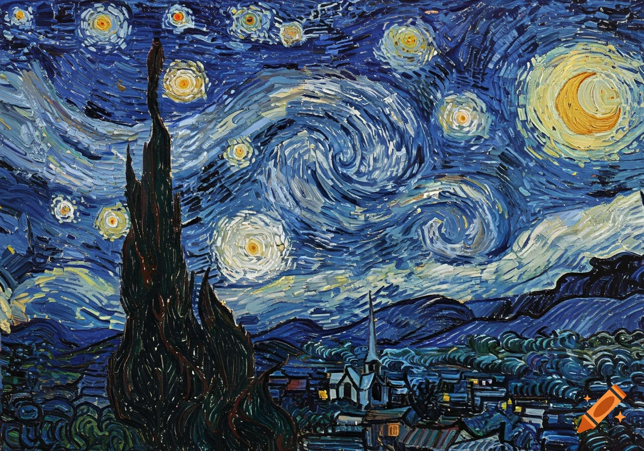 Van Gogh's Starry Night painting, featuring a swirling blue night sky with bright stars and moon, a dark cypress tree, and a village with a church spire.