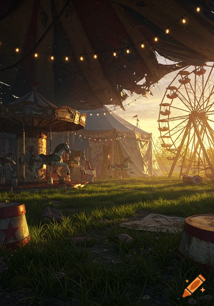 A photorealistic image of an abandoned circus with a carousel, tents, and a Ferris wheel at sunset.