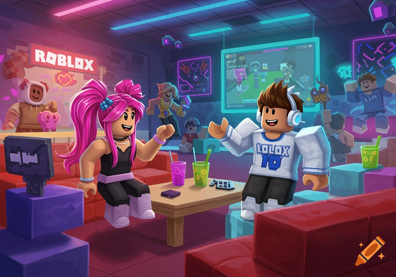 Roblox-style avatars, a girl with pink hair and a boy, hang out in a neon-lit lounge, surrounded by other characters and screens showing a game.