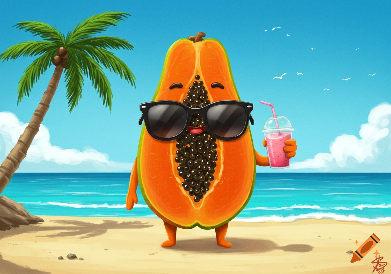 A happy anthropomorphic papaya wearing sunglasses and holding a smoothie on a sunny tropical beach with a palm tree.