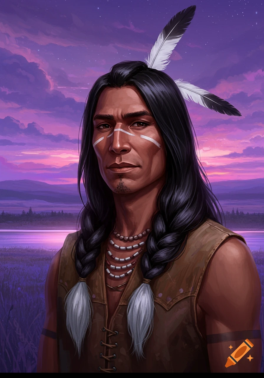 Digital painting of a man of Native American descent with braided black hair, feathers, and face paint, in a field under a purple sunset.