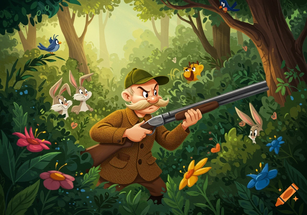 A cartoon hunter resembling Elmer Fudd aims a shotgun in a forest while rabbits peek from behind bushes, in a vibrant, stylized illustration.