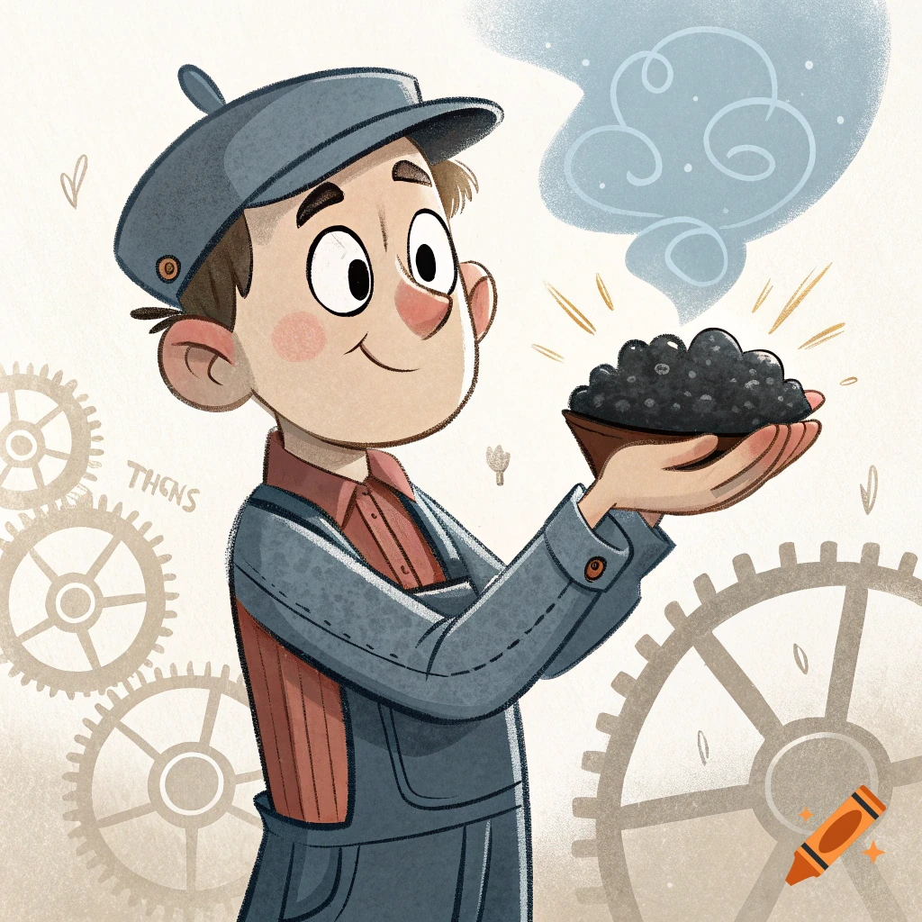 Cartoon illustration of a smiling boy in a cap and overalls holding a bowl of coal, with gears in the background.