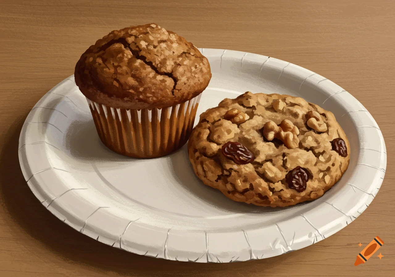 A digital painting of a bran muffin and an oatmeal raisin walnut cookie on a white paper plate.