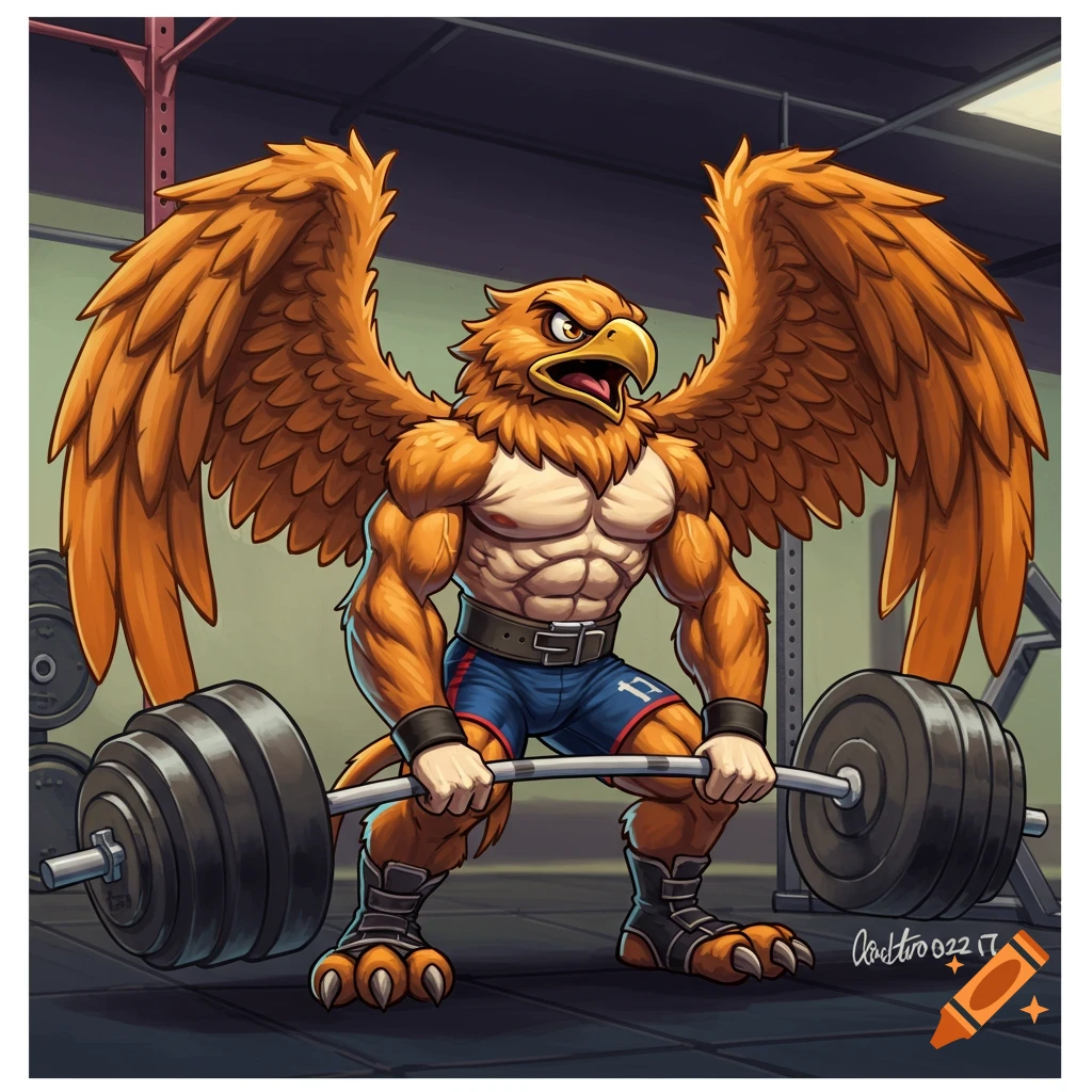 A muscular cartoon griffin with orange feathers and large wings powerlifts a heavy barbell in a gym.