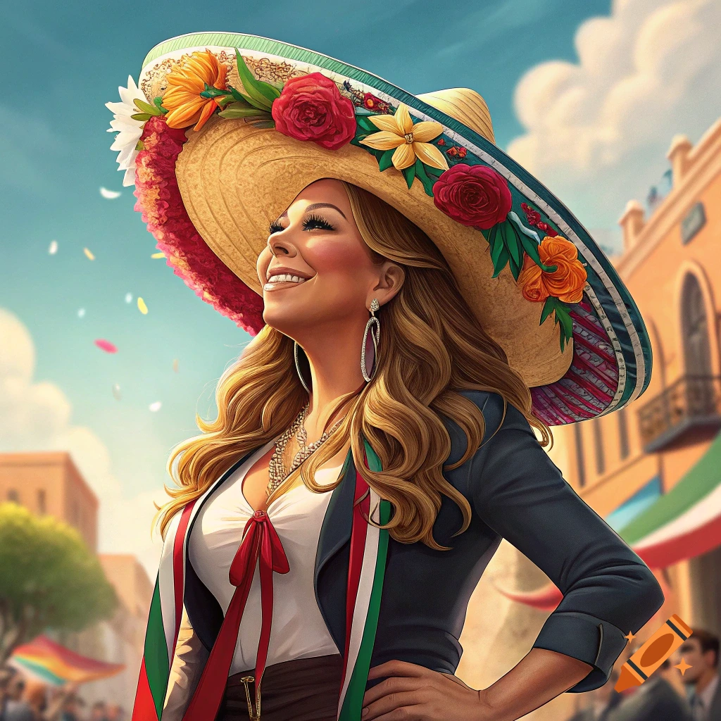 A woman resembling Mariah Carey smiles while wearing a large, colorful floral sombrero and a sash in Mexican flag colors, on a sunny street.