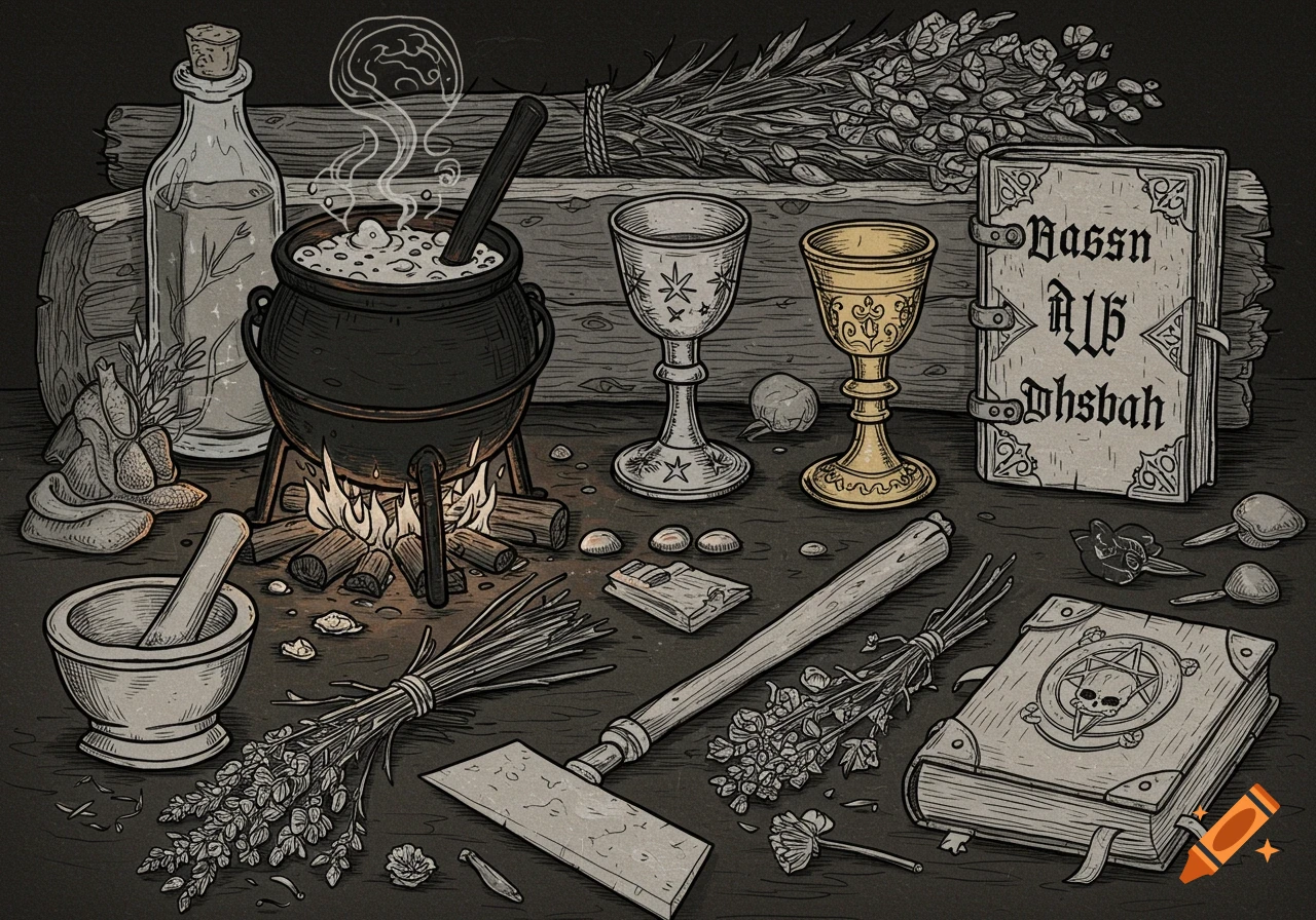 Witchcraft tools in a 15th-century printmaking style, including a bubbling cauldron, mortar and pestle, spellbooks, chalices, and herbs.