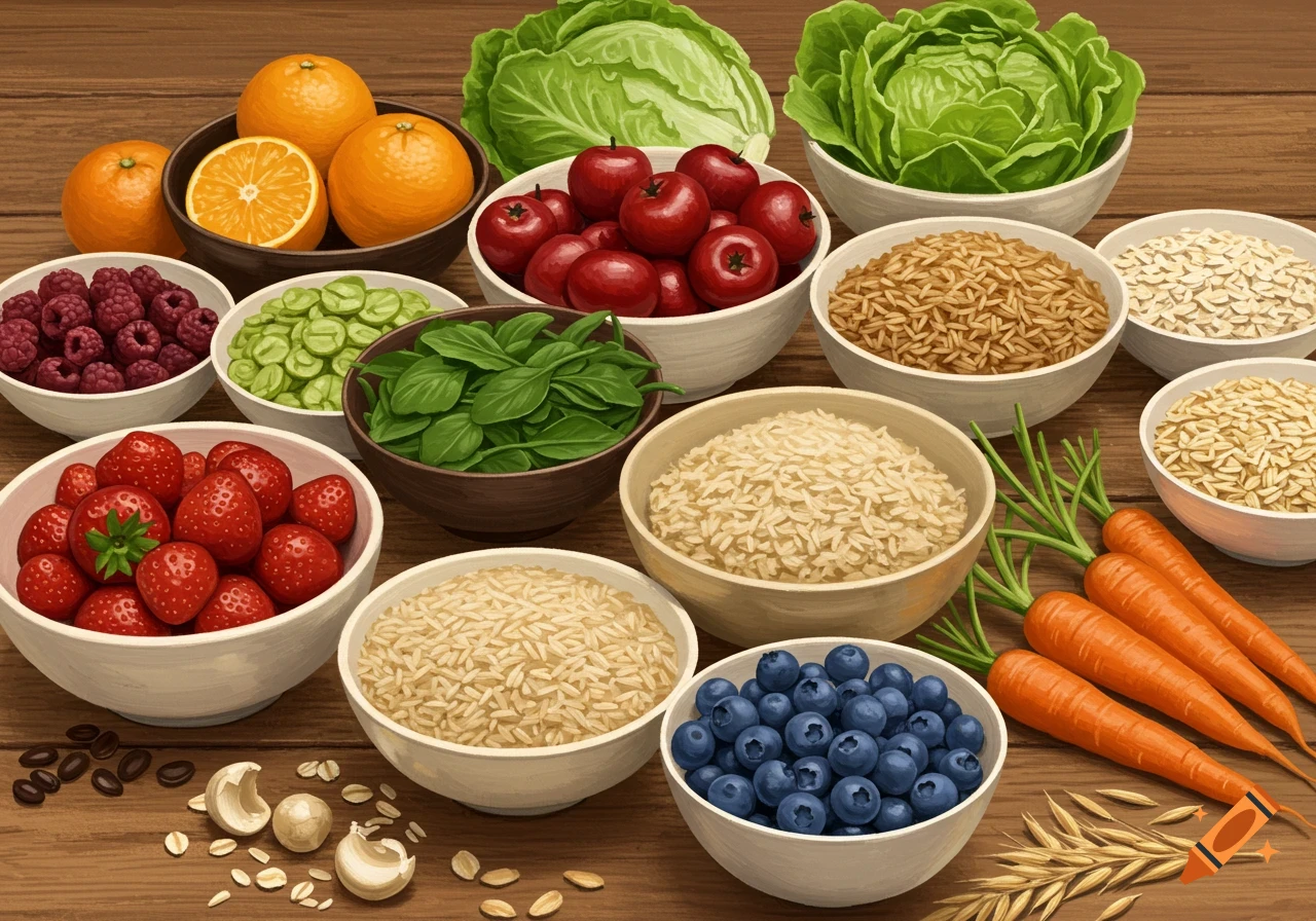 Assortment of unprocessed foods, including fruits, vegetables, and grains, arranged in bowls on a wooden table. Digital art.