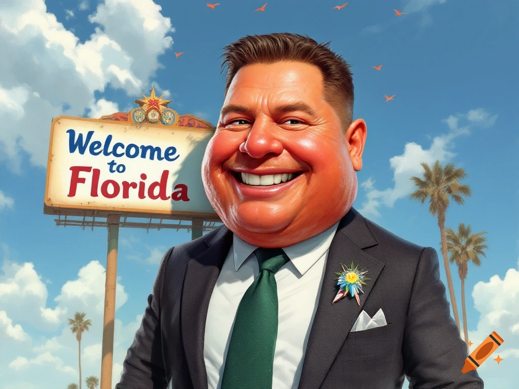 A cartoonish man with a large red face smiles in front of a Welcome to Florida sign, with palm trees and a blue sky in the background.