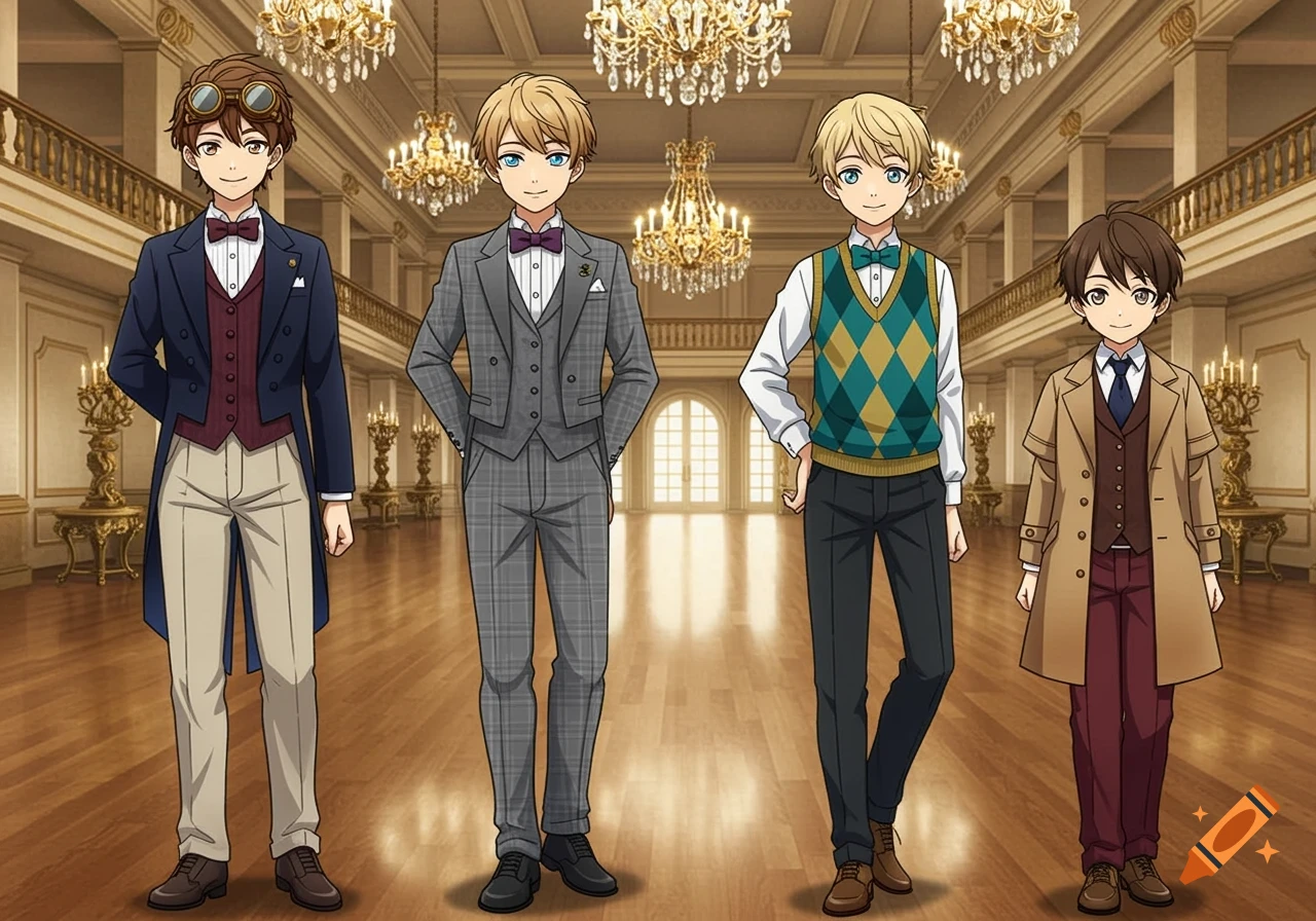 Four anime boys in formal attire in an elegant ballroom.